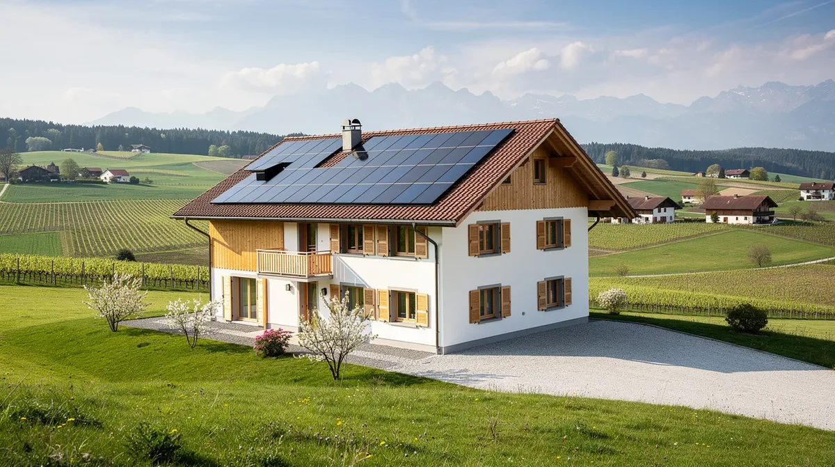 Une maison individuelle suisse est visible dans un paysage de campagne vaudoise, avec des panneaux solaires installés sur le toit, symbolisant l'autoconsommation solaire et l'utilisation d'énergie renouvelable. Ce cadre idyllique met en avant l'intégration de l'énergie solaire dans les habitations, favorisant une consommation propre et durable.