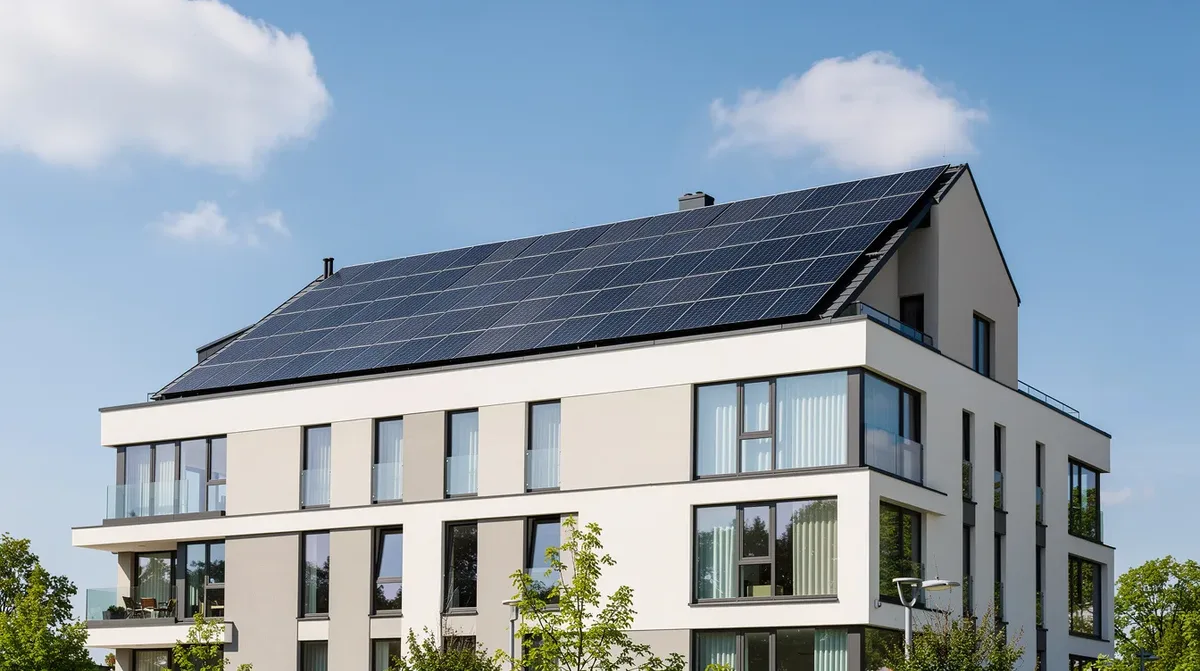 L'image montre un immeuble résidentiel moderne avec un toit plat équipé de panneaux solaires, sous un ciel bleu éclatant. Cette installation d'énergie solaire illustre l'importance des énergies renouvelables dans la transition énergétique actuelle.