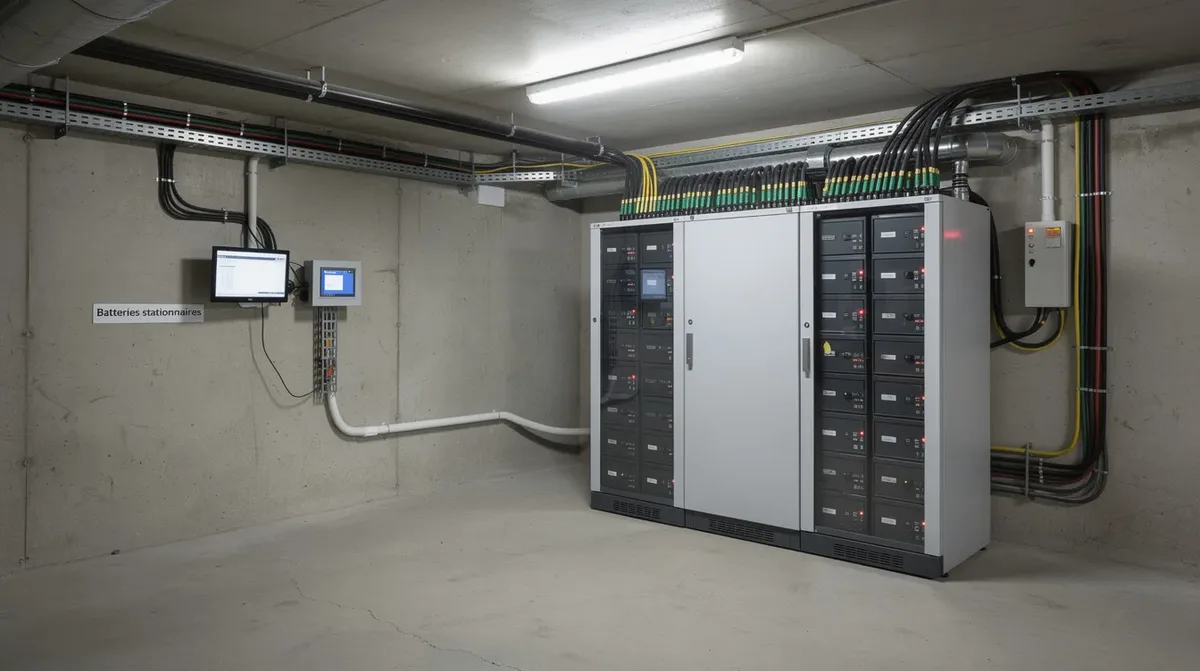 L'image montre un local technique situé dans le sous-sol d'un immeuble, où une grande armoire de batteries stationnaires est visible, accompagnée de câbles soigneusement organisés. Cet espace est dédié au stockage d'énergie, essentiel pour le bon fonctionnement du système électrique de l'immeuble.