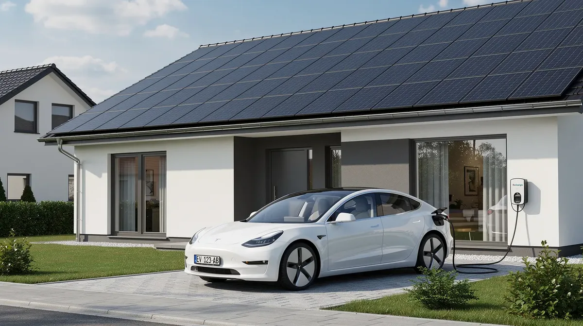 Cette image montre une maison individuelle avec des panneaux solaires sur le toit, mettant en avant l'énergie solaire, et une voiture électrique branchée à une borne de recharge (wallbox) dans l'allée, illustrant ainsi une solution de mobilité durable.