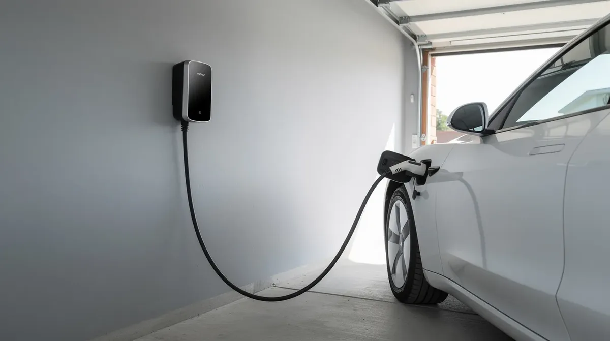 Une wallbox est montée sur un mur de garage, avec un câble de recharge connecté à une voiture électrique, illustrant une solution moderne pour recharger votre véhicule à domicile. Cette installation s'inscrit dans une démarche d'utilisation des énergies renouvelables, favorisant l'utilisation d'électricité propre.
