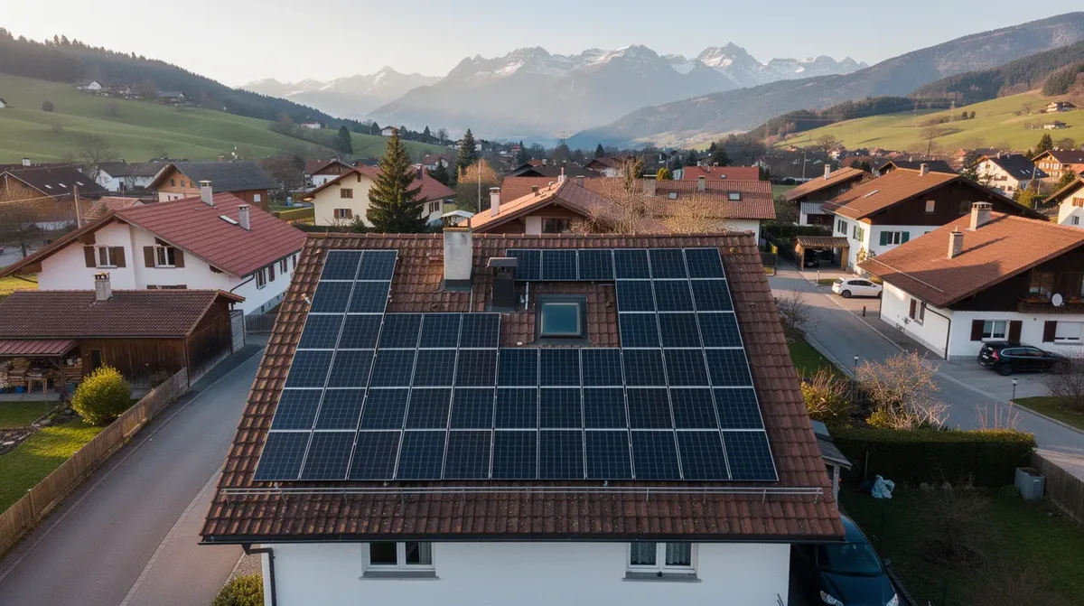 Vue aérienne d'une toiture résidentielle dans un village de la Suisse romande, équipée de panneaux solaires photovoltaïques. Cette installation solaire contribue à la production d'énergie et permet aux propriétaires de réaliser des économies sur leurs factures d'électricité.