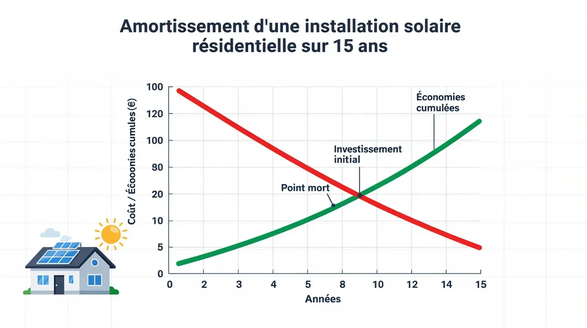 Graphique représentant l'amortissement d'une installation solaire résidentielle sur 15 ans, illustrant les coûts et les économies d'énergie grâce à l'utilisation de panneaux solaires en Suisse romande. Ce visuel met en avant la rentabilité et les avantages d'un système solaire photovoltaïque pour les ménages.