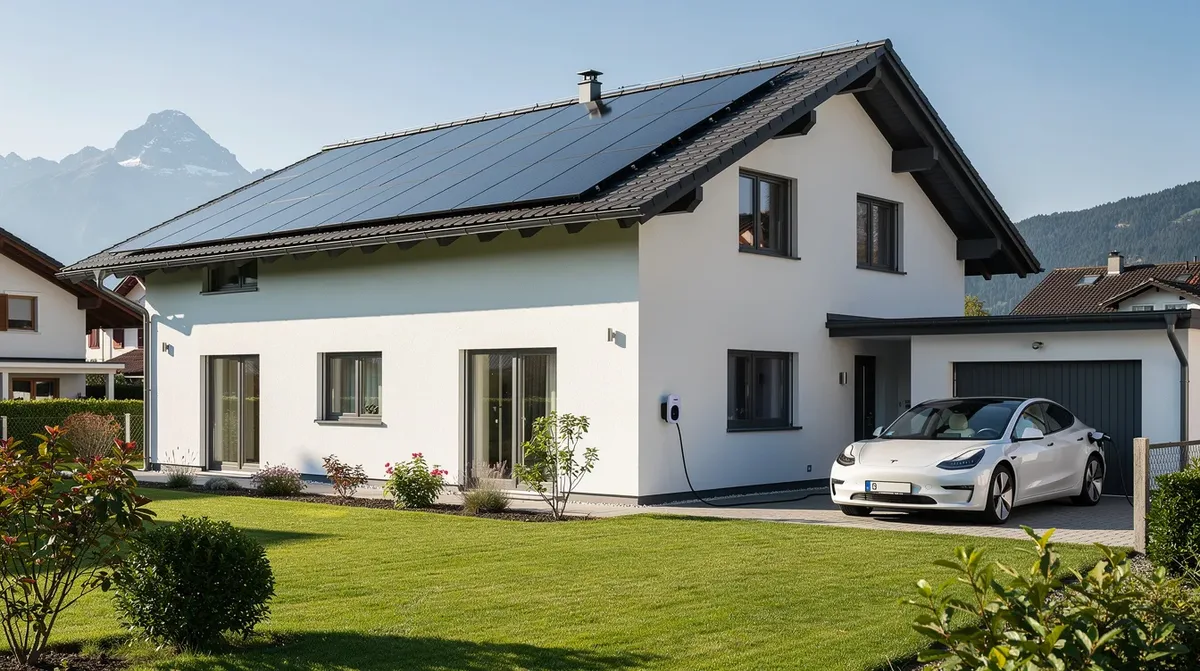 Cette image montre une maison individuelle suisse avec un toit équipé de panneaux solaires, tandis qu'une voiture électrique est en train de se recharger dans l'allée grâce à une borne de recharge. L'installation photovoltaïque permet de produire de l'énergie solaire pour alimenter le domicile et son véhicule électrique.