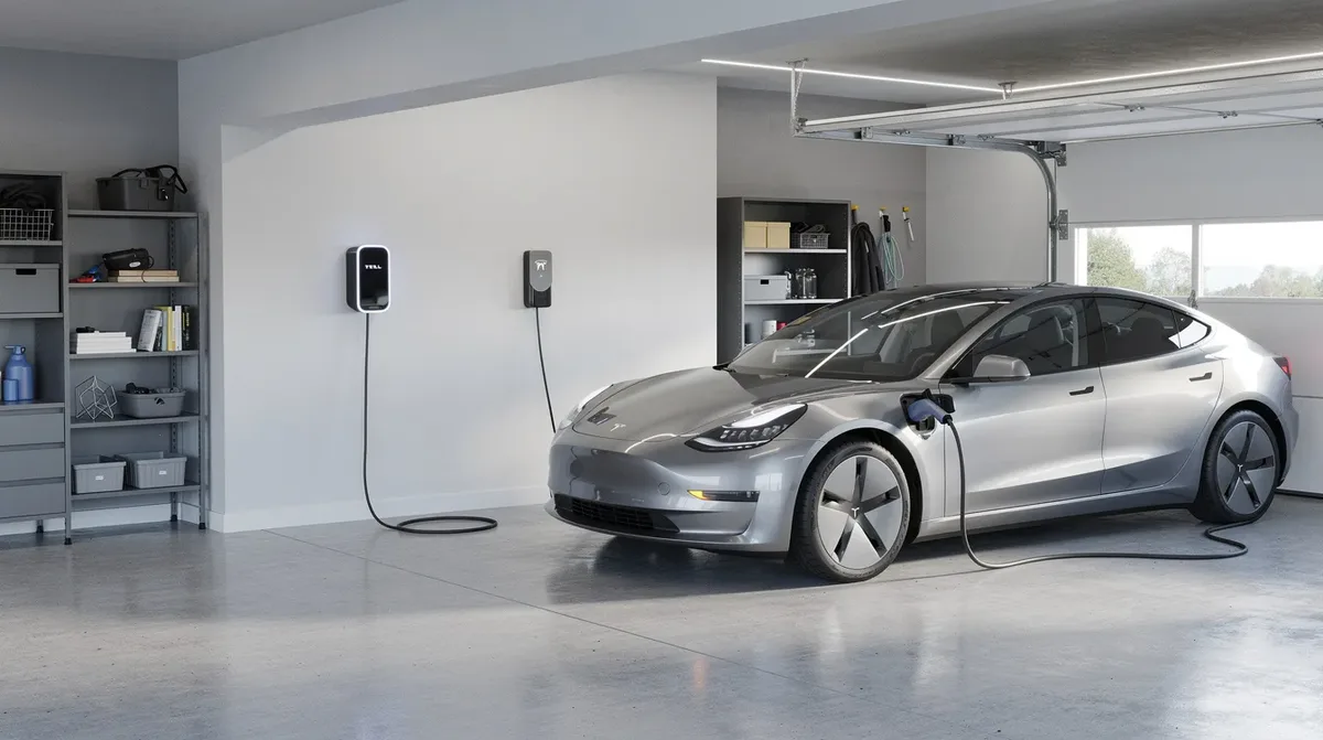 Une borne de recharge murale est installée dans un garage résidentiel, avec une voiture électrique branchée, prête à être rechargée. Cette installation moderne permet d'utiliser l'électricité pour recharger un véhicule électrique, offrant ainsi une solution pratique et écologique pour les propriétaires de voitures électriques.