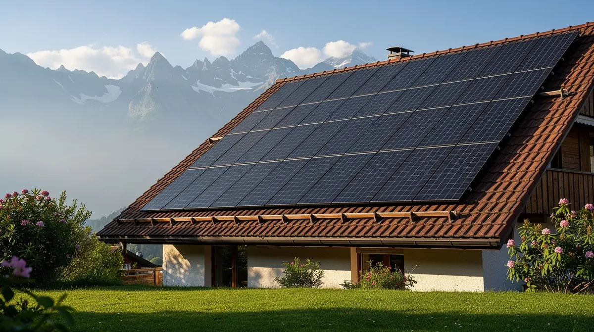 Une toiture résidentielle en tuiles typiques de Suisse romande est équipée de panneaux photovoltaïques, visible depuis le jardin, avec les majestueuses Alpes en arrière-plan. Cette installation solaire illustre l'utilisation de l'énergie solaire pour produire de l'électricité, offrant ainsi une solution durable pour les habitants.