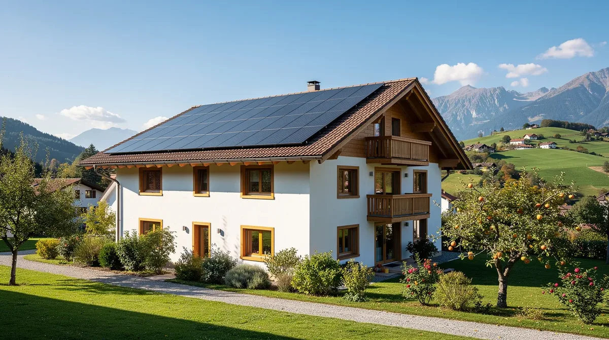 Une maison individuelle suisse, dotée de panneaux photovoltaïques sur le toit, est entourée d'une végétation luxuriante sous un ciel bleu, représentant un cadre rural typique de la Suisse romande. Ce bâtiment est un exemple d'utilisation des énergies renouvelables pour produire de l'électricité.