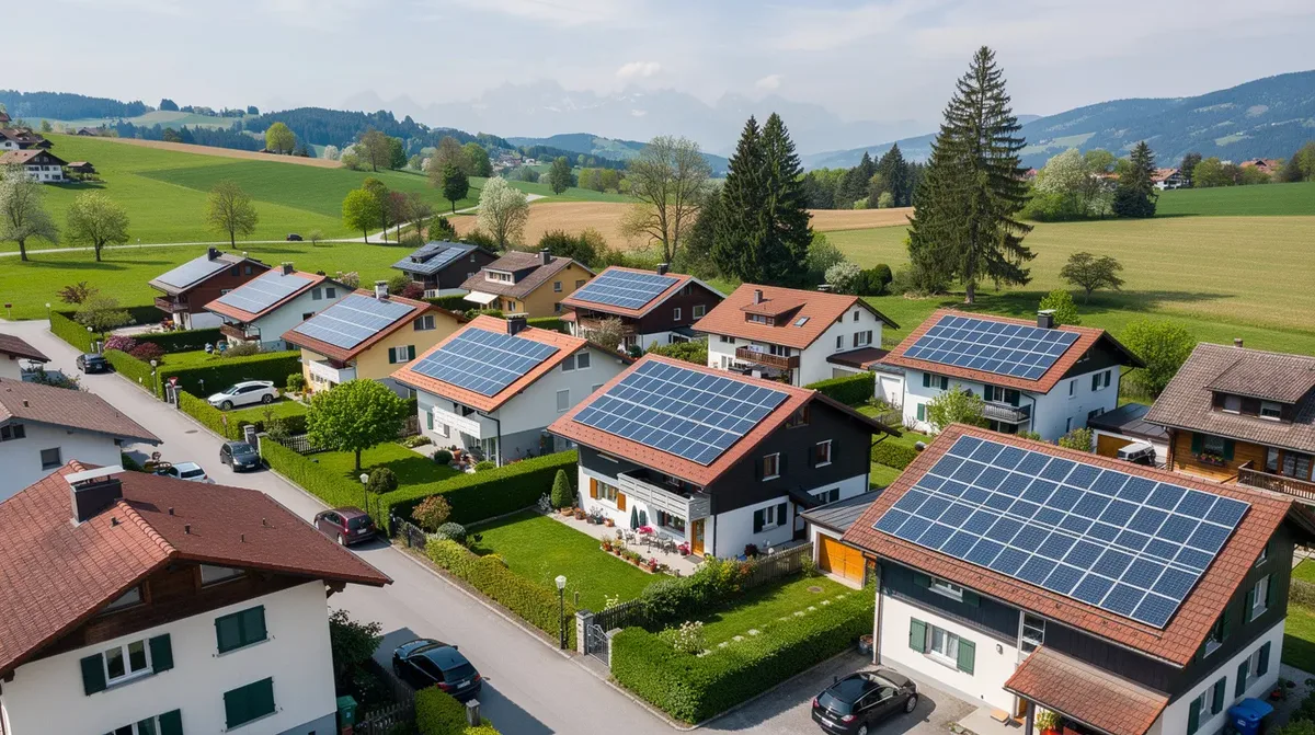 Une vue aérienne d'un quartier résidentiel en Suisse romande montre plusieurs toits équipés de panneaux solaires, intégrés harmonieusement dans un paysage verdoyant. Cette installation photovoltaïque met en avant l'utilisation de l'énergie solaire pour une consommation durable.