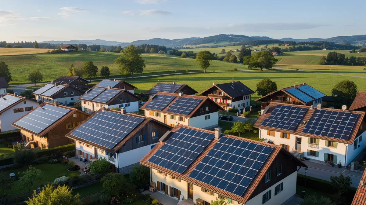 Des toitures résidentielles dans un village du Plateau fribourgeois sont équipées de panneaux solaires, illustrant l'engagement envers l'énergie solaire dans le canton de Fribourg. Ces installations photovoltaïques permettent aux propriétaires de bénéficier d'économies sur leurs factures d'électricité tout en contribuant à une consommation d'énergie durable.