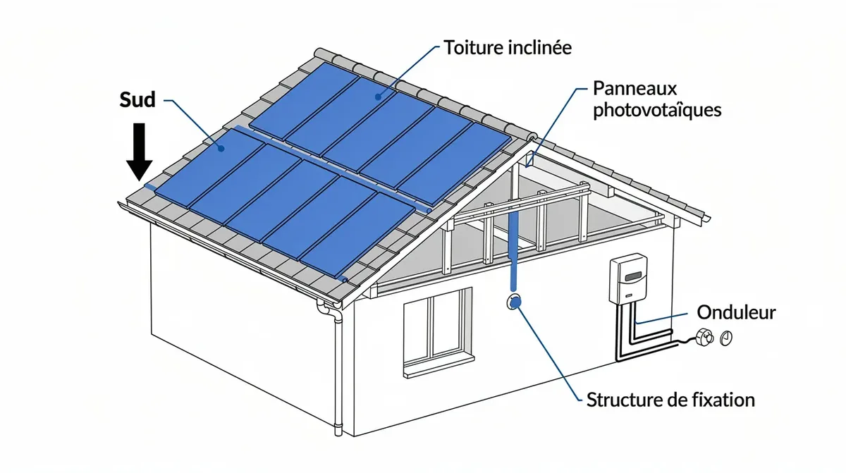 Ce schéma illustre une installation photovoltaïque sur un toit incliné orienté vers le sud, mettant en avant la disposition des panneaux solaires. Cette installation, typique du canton de Fribourg, représente une solution efficace pour la production d'énergie solaire dans les maisons de la Suisse romande.