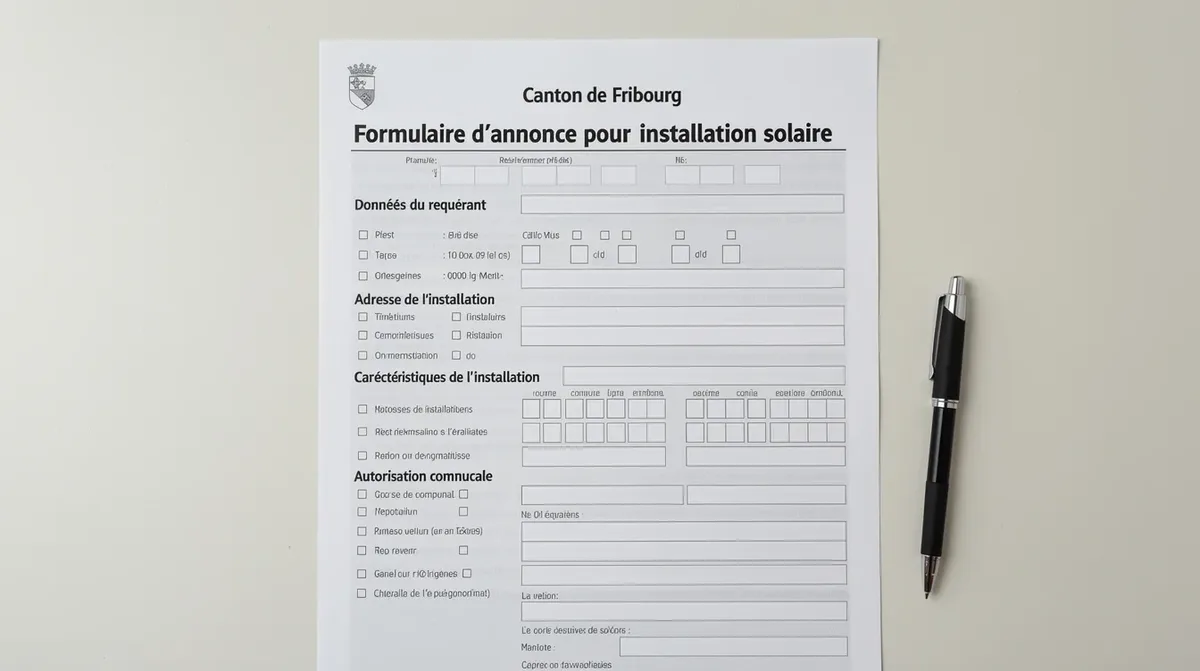 L'image montre un formulaire administratif d'annonce pour l'installation de panneaux solaires dans le canton de Fribourg. Ce document comprend des sections pour les informations sur le propriétaire, le bâtiment, et les détails de l'installation solaire, soulignant l'importance de l'énergie solaire en Suisse romande.