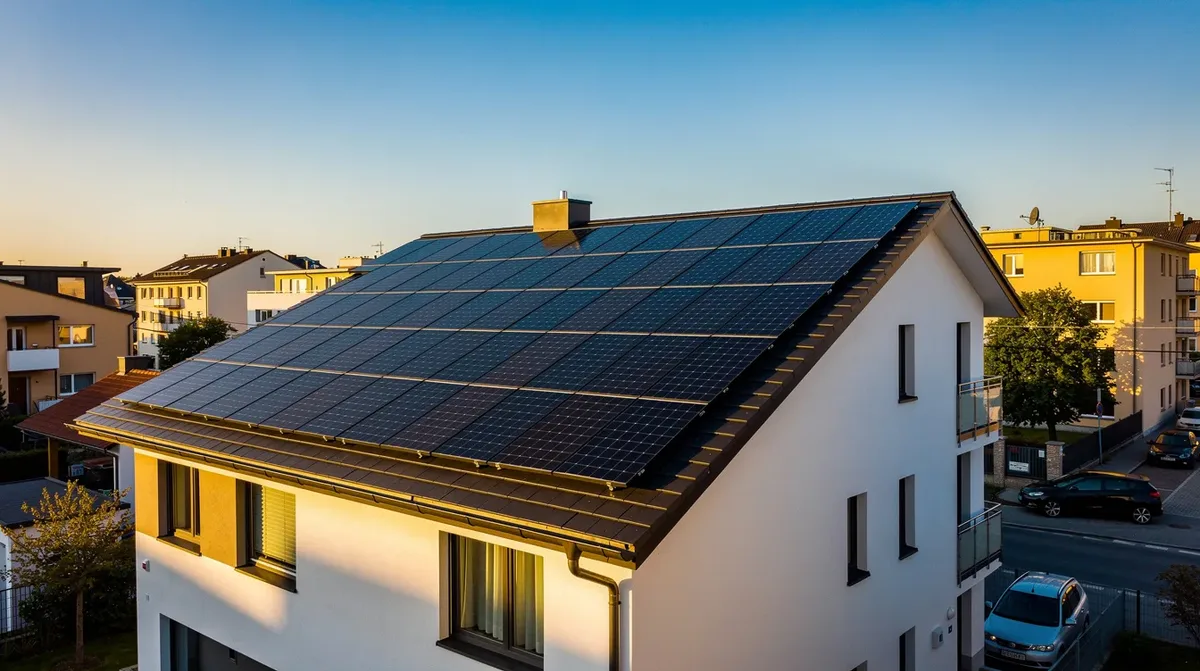 Une toiture résidentielle équipée de panneaux solaires photovoltaïques brille sous le soleil dans un quartier urbain du canton de Genève. Cette installation d'énergie solaire témoigne de l'engagement vers les énergies renouvelables et l'autoconsommation.
