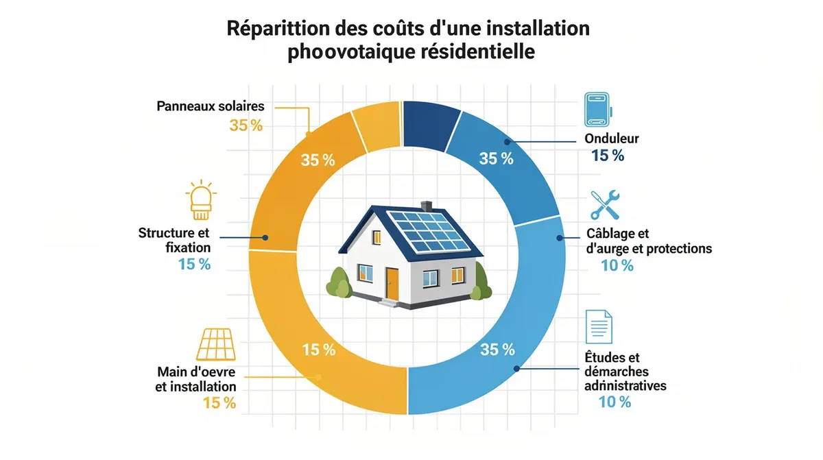 Un schéma illustrant la répartition des coûts d'une installation photovoltaïque résidentielle, mettant en lumière les différentes composantes telles que les panneaux solaires, la mise en service et les subventions disponibles dans le canton du Jura. Ce diagramme fournit des informations essentielles pour les clients souhaitant optimiser leur projet d'énergie solaire.