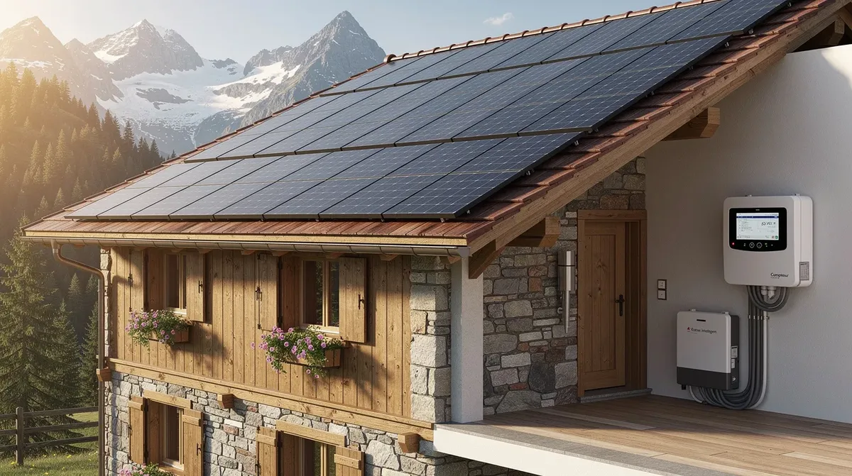 Une maison jurassienne avec une toiture équipée de panneaux solaires et d'un compteur intelligent, illustrant l'installation de systèmes d'énergies renouvelables pour optimiser la production d'électricité. Cette image met en avant une solution clé en main pour la transition énergétique dans le canton du Jura.