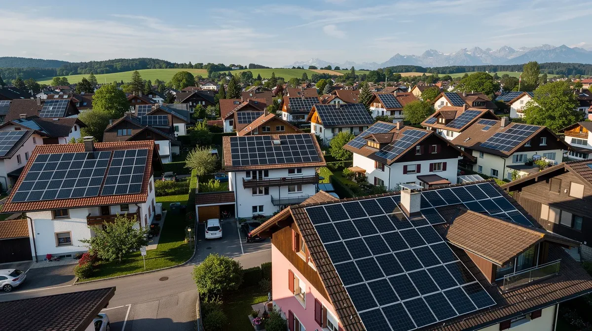 Vue aérienne d'un quartier résidentiel dans le canton de Neuchâtel, où plusieurs toitures sont équipées de panneaux solaires, illustrant l'engagement en faveur des énergies renouvelables et de la neutralité carbone. Cette installation de panneaux photovoltaïques contribue à l'autoconsommation et à la réduction de l'empreinte carbone des maisons environnantes.