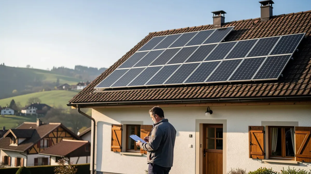 Une maison typique du canton de Neuchâtel est représentée avec des panneaux solaires photovoltaïques sur le toit, sous un ciel clair. Au premier plan, un propriétaire ou un installateur consulte un document lié à l'installation solaire, tandis qu'en arrière-plan, le paysage vallonné et les bâtiments résidentiels créent une ambiance authentique et positive.