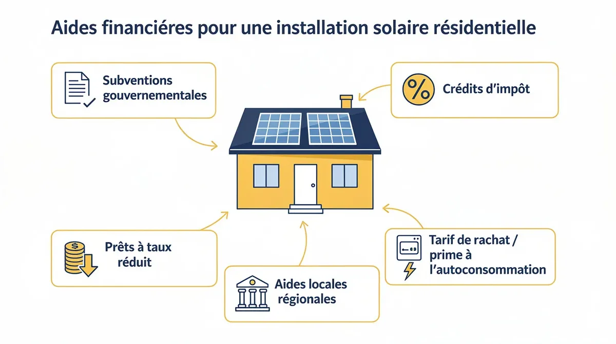 Schéma représentant les différentes aides financières disponibles pour l'installation de panneaux solaires résidentiels, mettant en avant les options d'autoconsommation et les avantages économiques liés à l'énergie solaire. Ce diagramme illustre également le rôle des professionnels du solaire dans la mise en place de projets d'énergie renouvelable.