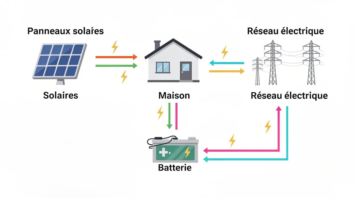 Schéma représentant le flux d'énergie entre des panneaux solaires, une maison, une batterie et le réseau électrique, illustrant comment l'énergie solaire est captée et utilisée pour l'autoconsommation. Ce diagramme met en avant l'installation de panneaux photovoltaïques, essentielle pour optimiser l'utilisation de l'énergie dans le canton de Vaud.