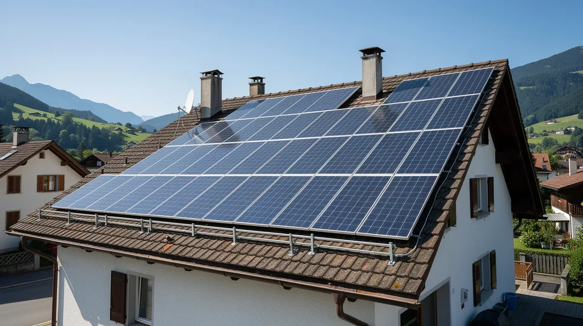 Une vue d'un toit résidentiel en Suisse romande, équipé de panneaux photovoltaïques, se détachant sous un ciel dégagé. Cette installation solaire illustre l'engagement vers l'énergie solaire et les énergies renouvelables dans la construction moderne.