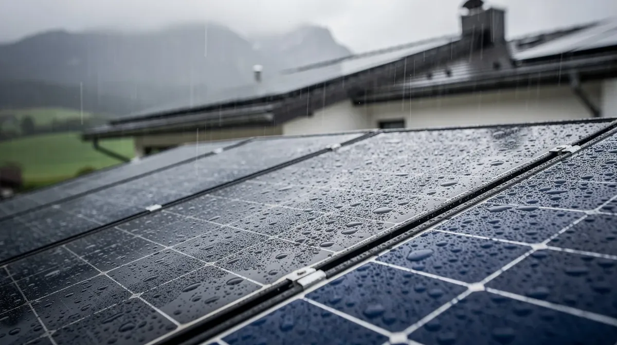 Image de panneaux solaires installés sur le toit d'une maison individuelle en Suisse romande, sous une pluie fine qui laisse des gouttelettes visibles sur la surface vitrée. Cette scène illustre l'importance du nettoyage de panneaux solaires pour maintenir leur performance et leur efficacité.