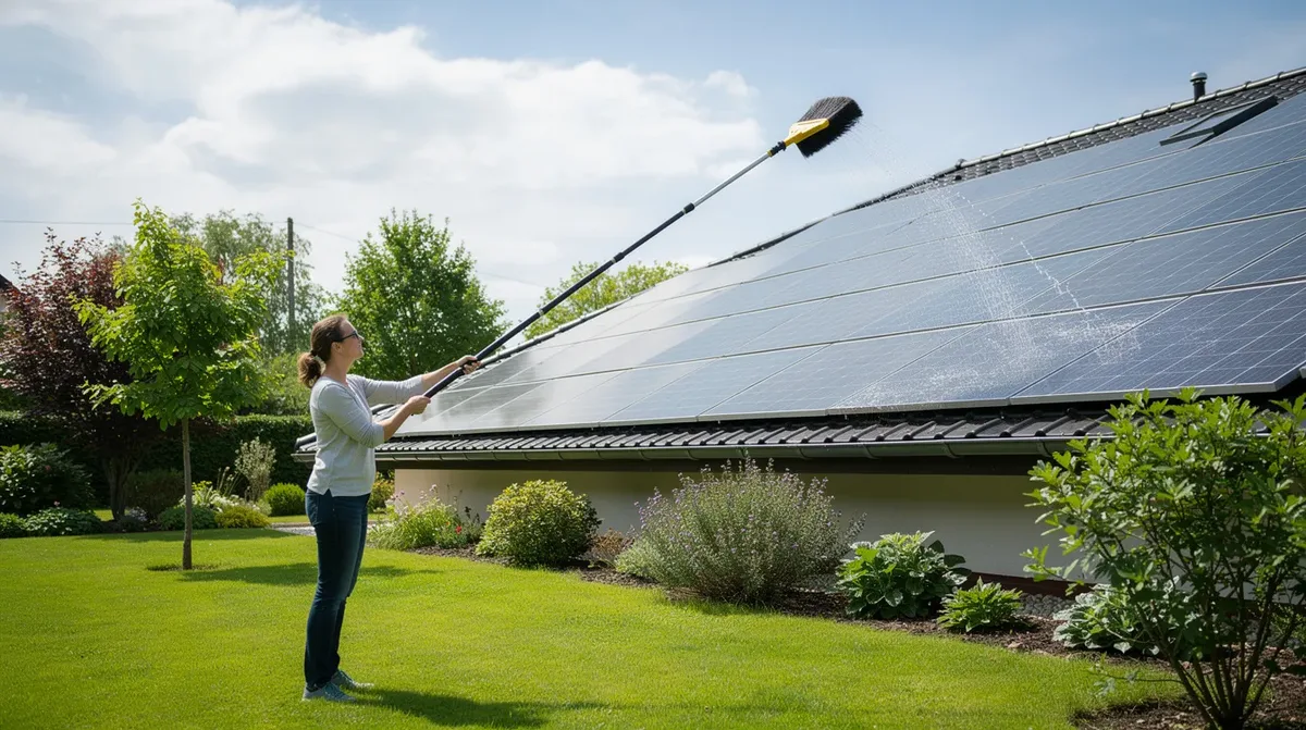 Une personne utilise une perche télescopique équipée d'une brosse souple pour effectuer le nettoyage de panneaux solaires depuis le sol d'un jardin, assurant ainsi l'entretien de l'installation solaire et la performance des cellules solaires. Cette méthode permet de retirer la poussière et les salissures accumulées sur les panneaux photovoltaïques.