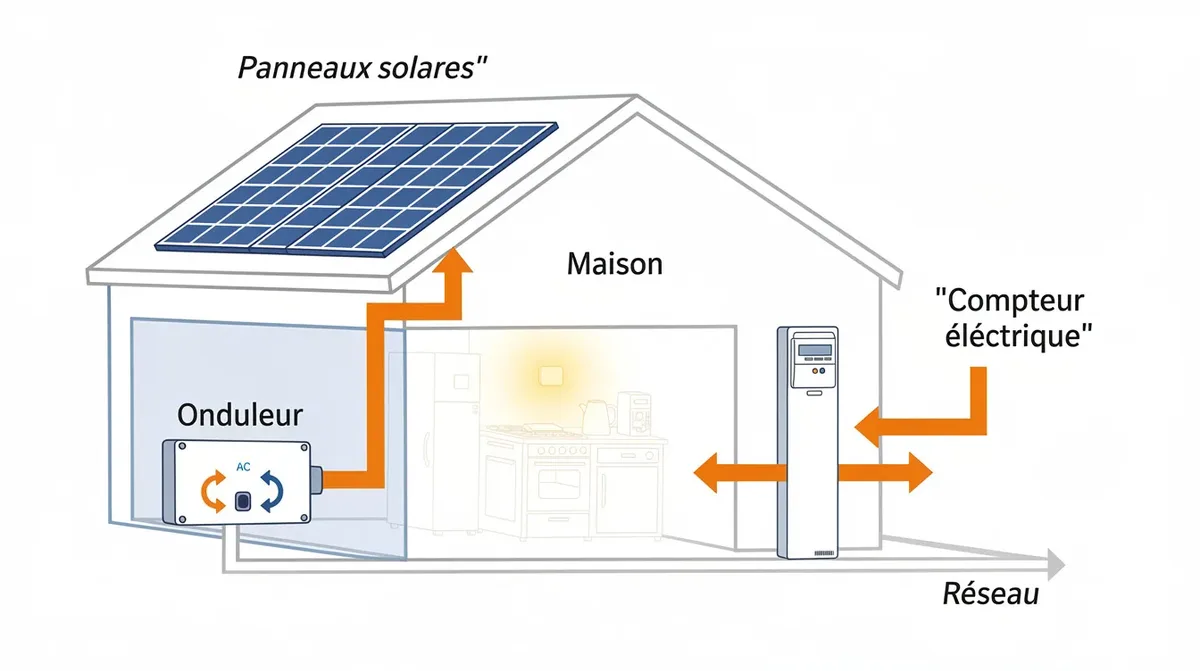 Schéma illustrant une installation solaire résidentielle, avec des panneaux solaires installés sur un toit, un onduleur dans le garage et un compteur électrique, accompagné de flèches montrant le flux d'énergie vers la maison. Ce diagramme met en évidence l'importance de l'entretien et du nettoyage des panneaux photovoltaïques pour optimiser leur performance et leur rendement.