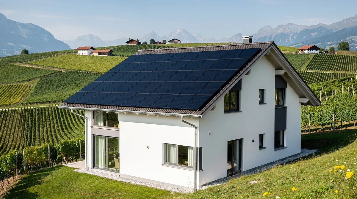 Cette image montre des panneaux solaires photovoltaïques installés sur le toit d'une maison individuelle en Suisse, avec un paysage de vignes verdoyantes en arrière-plan. L'installation de ces panneaux contribue à la production d'énergie renouvelable et à la réduction de l'empreinte carbone de la maison.