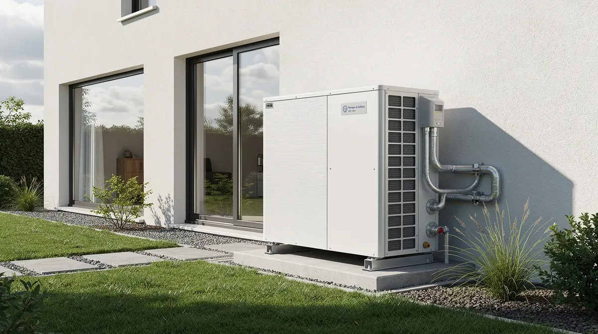 L'image montre un groupe de pompes à chaleur air-eau installé à côté d'une maison moderne, entouré d'un jardin verdoyant. Cette installation illustre l'utilisation des énergies renouvelables pour le chauffage et la production d'eau chaude sanitaire.