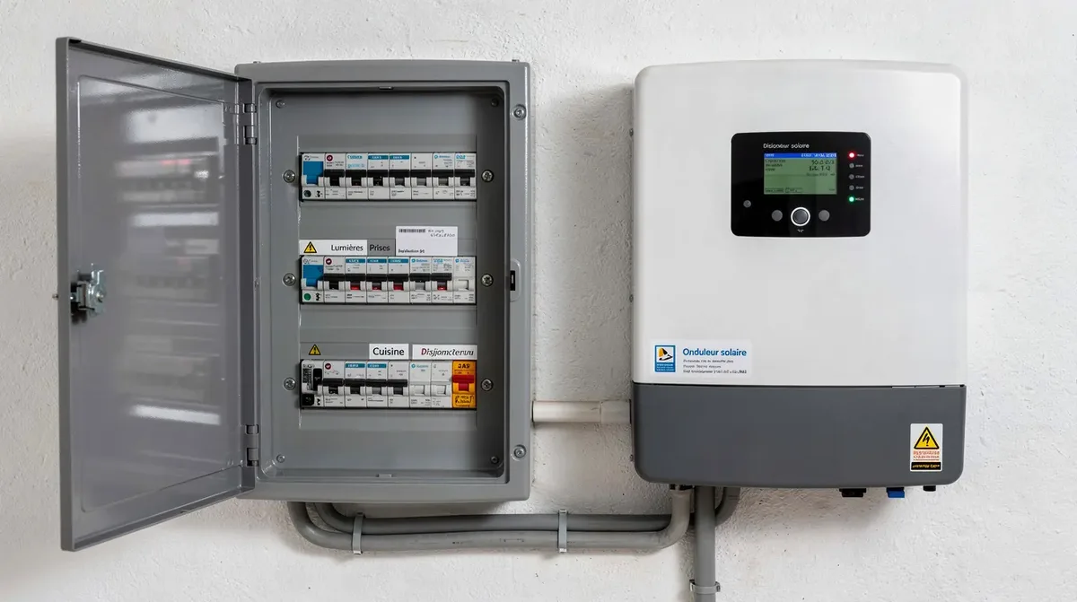 Gros plan sur un tableau électrique résidentiel moderne, mettant en avant un onduleur solaire installé à côté, symbole d'une transition vers des énergies renouvelables. Cette installation, essentielle pour optimiser l'utilisation des panneaux solaires, contribue à réduire l'empreinte carbone de la maison.