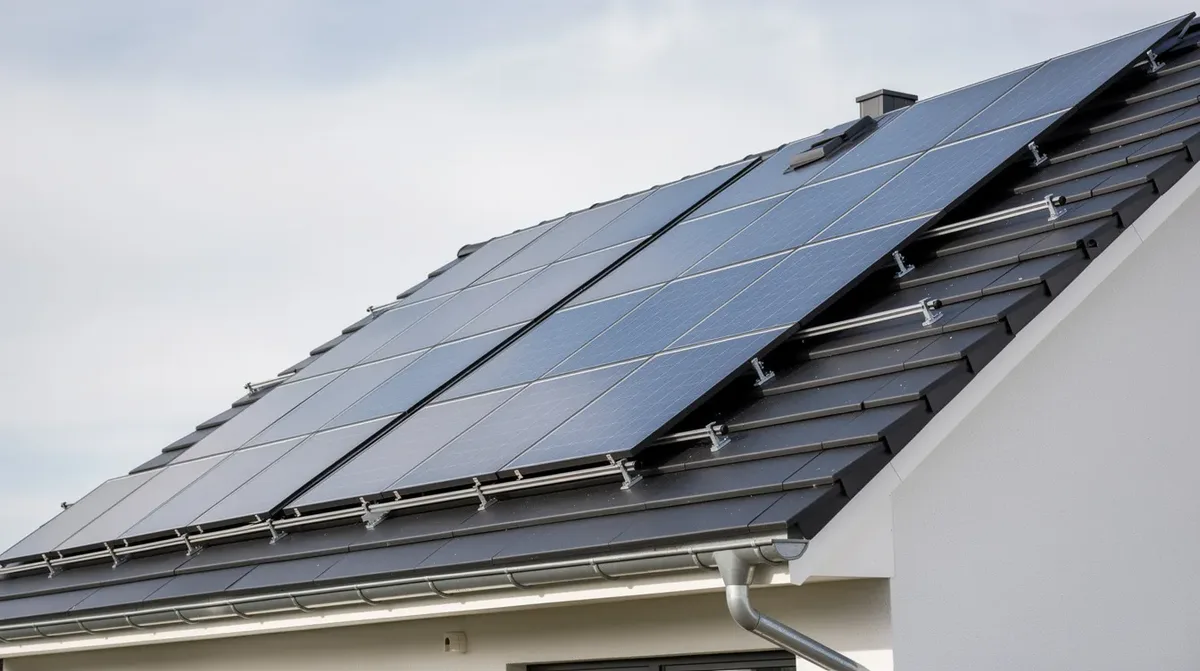 L'image montre un toit en pente équipé de panneaux solaires photovoltaïques, installés avec une inclinaison optimale pour maximiser la production d'énergie. La vue latérale met en évidence l'orientation des panneaux vers le sud, permettant ainsi de capter un maximum de rayonnement solaire.