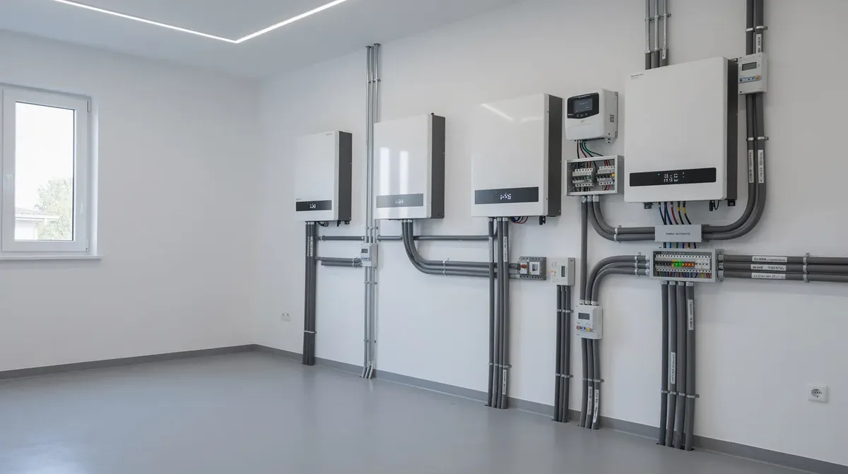 L'image montre des batteries de stockage domestiques installées dans un local technique d'une maison moderne, mettant en avant un système de batterie solaire qui optimise l'autoconsommation d'énergie. Ces batteries, probablement en lithium-ion, sont conçues pour assurer une efficacité maximale et une rentabilité sur le long terme.