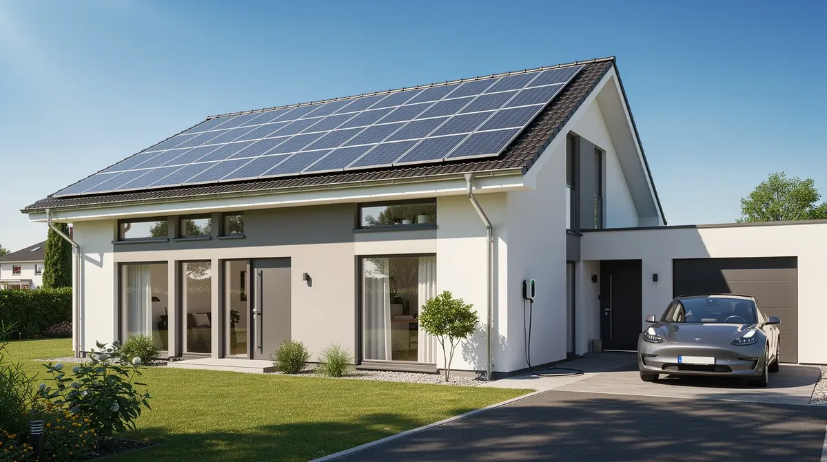 Une maison individuelle avec des panneaux solaires installés sur le toit, sous un ciel ensoleillé, et un véhicule électrique en charge dans l'allée. Cette image illustre l'utilisation d'une installation solaire pour produire de l'électricité et favoriser l'autoconsommation.