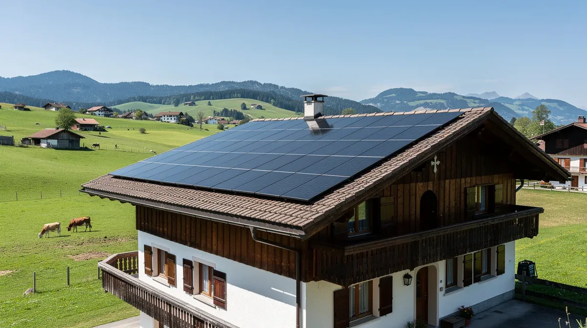 Cette image montre des panneaux solaires installés sur le toit d'une maison traditionnelle située dans le canton de Fribourg, sous un ciel bleu et entourée d'un paysage rural verdoyant. Cette installation contribue à la transition vers les énergies renouvelables et à l'atteinte de la neutralité carbone, en soutenant les efforts de rénovation et d'assainissement des bâtiments.