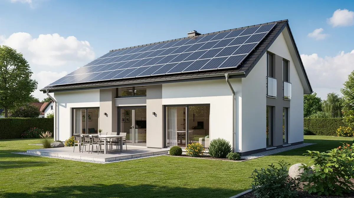 Une maison résidentielle moderne est visible depuis le jardin, avec des panneaux solaires installés sur le toit, illustrant l'engagement envers les énergies renouvelables dans le canton de Fribourg. Cette installation fait partie des efforts pour atteindre la neutralité carbone et bénéficier des subventions offertes par le programme bâtiments.