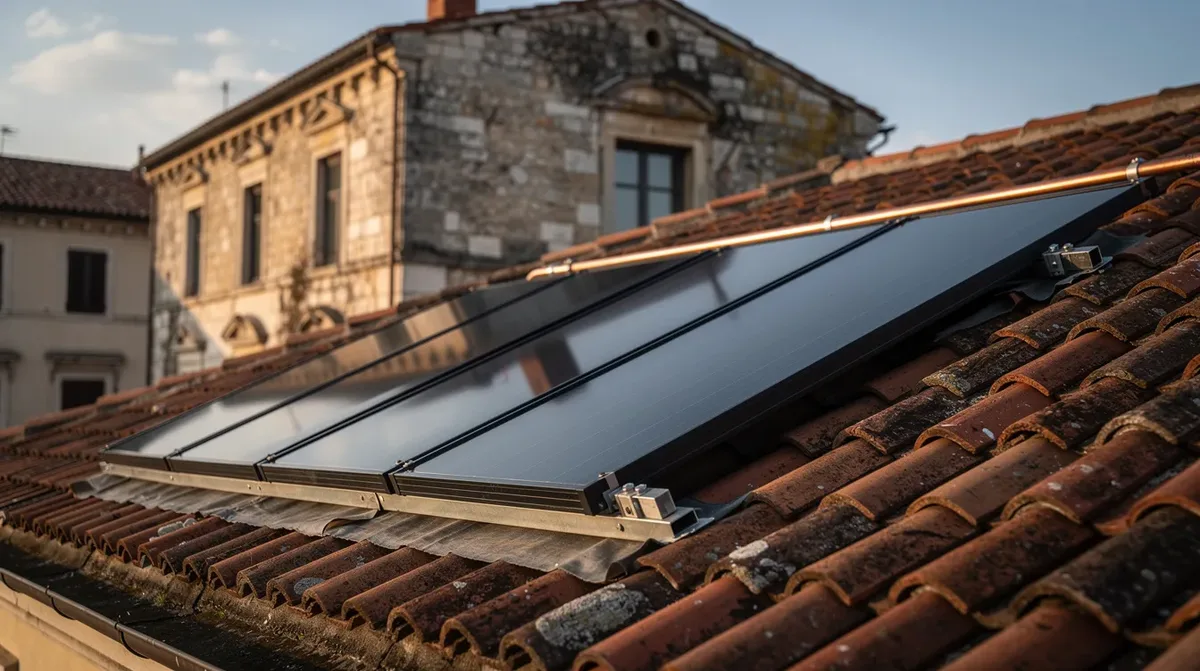 Gros plan sur des capteurs solaires thermiques installés sur le toit d'un immeuble ancien à Genève, illustrant l'intégration des énergies renouvelables dans l'architecture urbaine. Ces panneaux solaires contribuent à la production d'eau chaude sanitaire et à la transition énergétique dans le canton de Genève.