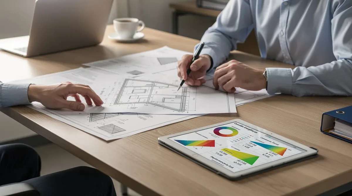 Une personne examine des documents et des plans de toiture sur un bureau, tandis qu'une tablette affiche des données énergétiques liées à l'installation de panneaux solaires. Cette scène illustre l'importance des énergies renouvelables et des subventions pour les projets d'installations photovoltaïques dans le canton du Jura.