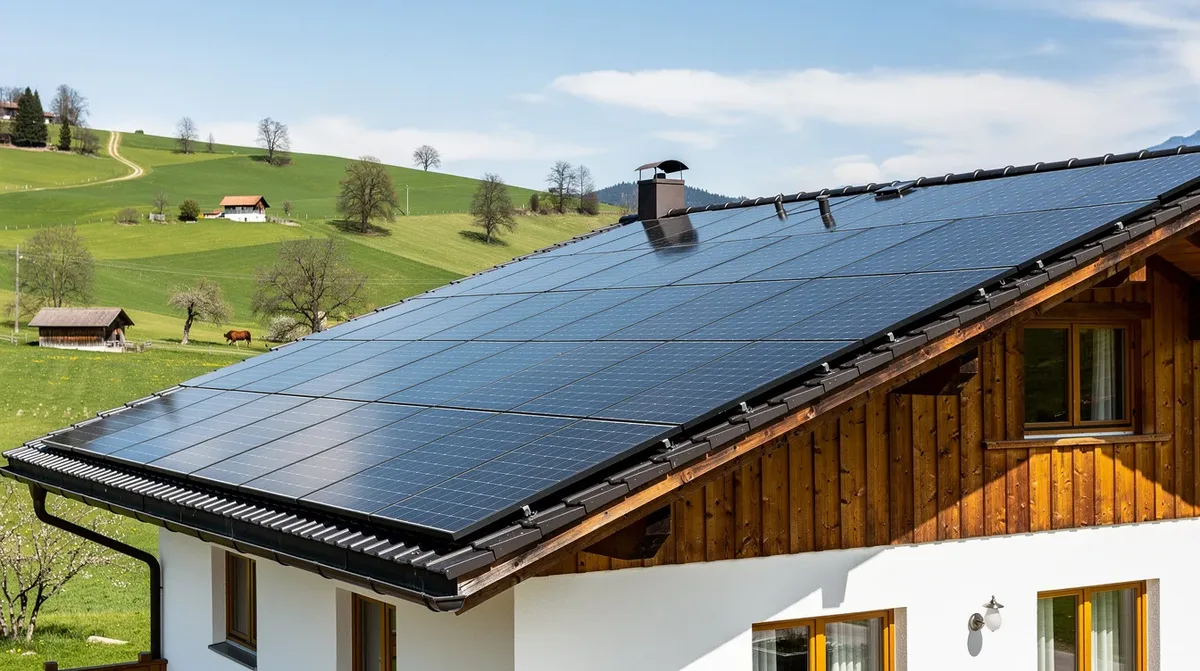 Une maison suisse, située dans le canton de Neuchâtel, présente une toiture équipée de panneaux solaires photovoltaïques, surplombant un paysage de collines verdoyantes. Cette installation contribue à la neutralité carbone et à l'utilisation des énergies renouvelables, offrant ainsi une solution clé en main pour les propriétaires soucieux du changement climatique.