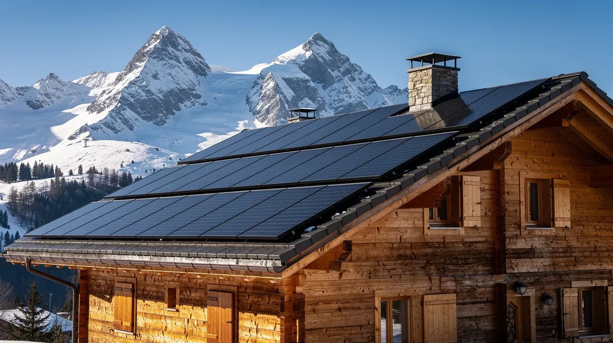 Sur la toiture d'un chalet du canton du Valais, des panneaux solaires sont installés, tandis qu'en arrière-plan, se dressent des montagnes enneigées. Cette image illustre l'intégration des énergies renouvelables dans l'architecture suisse, favorisant ainsi des projets de rénovation durable.