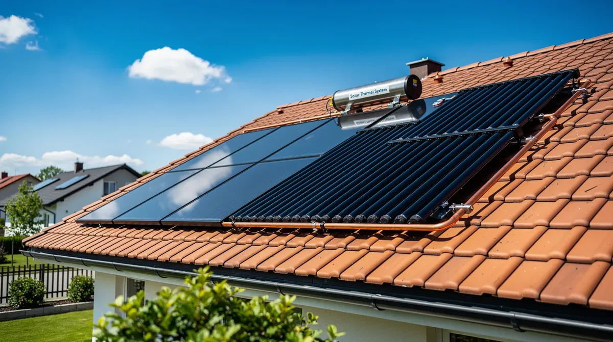 Des panneaux solaires thermiques sont installés sur le toit d'une maison résidentielle, sous un ciel bleu éclatant, témoignant de l'engagement envers les énergies renouvelables dans le canton du Valais. Cette installation solaire thermique contribue à la production de chaleur pour le chauffage et l'eau chaude, s'inscrivant dans une stratégie de rénovation durable.