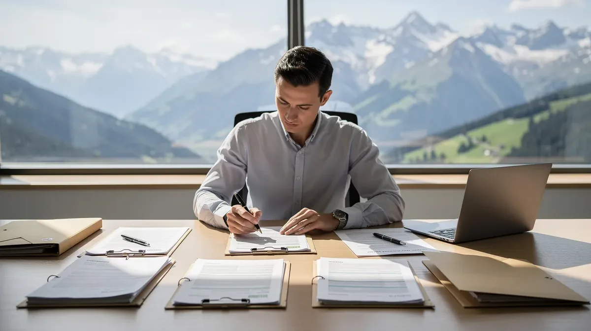 Une personne consulte des documents administratifs sur un bureau, avec en arrière-plan une vue spectaculaire des montagnes du canton du Valais. Cette scène évoque l'importance des subventions pour l'installation de panneaux solaires et de pompes à chaleur dans le cadre des énergies renouvelables en Suisse.