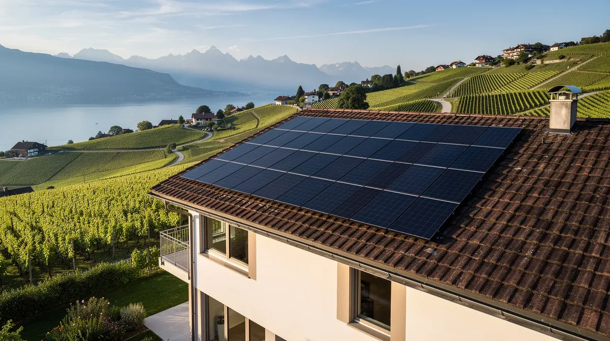 Des panneaux solaires photovoltaïques sont installés sur le toit d'une villa suisse, avec en arrière-plan un paysage pittoresque de vignobles typiques du canton de Vaud. Cette installation fait partie d'un projet visant à promouvoir les énergies renouvelables et à soutenir les propriétaires dans l'utilisation de l'énergie solaire.