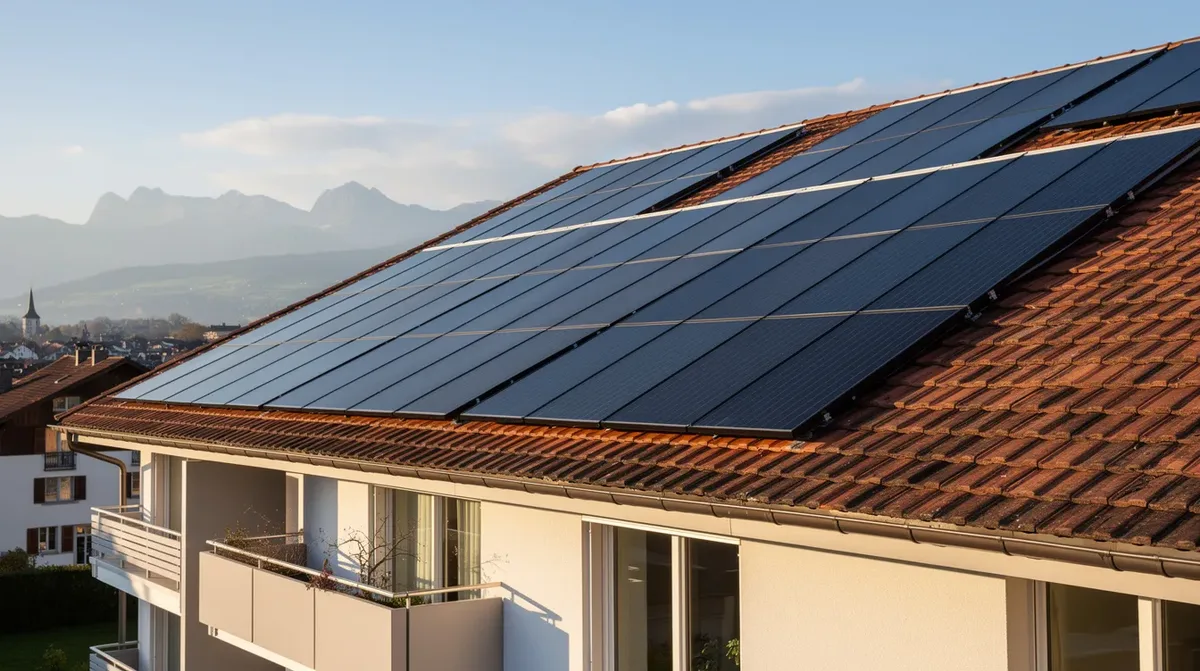 Des capteurs solaires thermiques sont installés sur le toit d'un immeuble résidentiel en Suisse romande, illustrant l'utilisation croissante des énergies renouvelables dans le canton de Vaud. Ces panneaux solaires contribuent à la production d'énergie solaire pour le chauffage de l'eau, permettant ainsi des économies pour les propriétaires et soutenant les projets d'installation d'équipements écologiques.