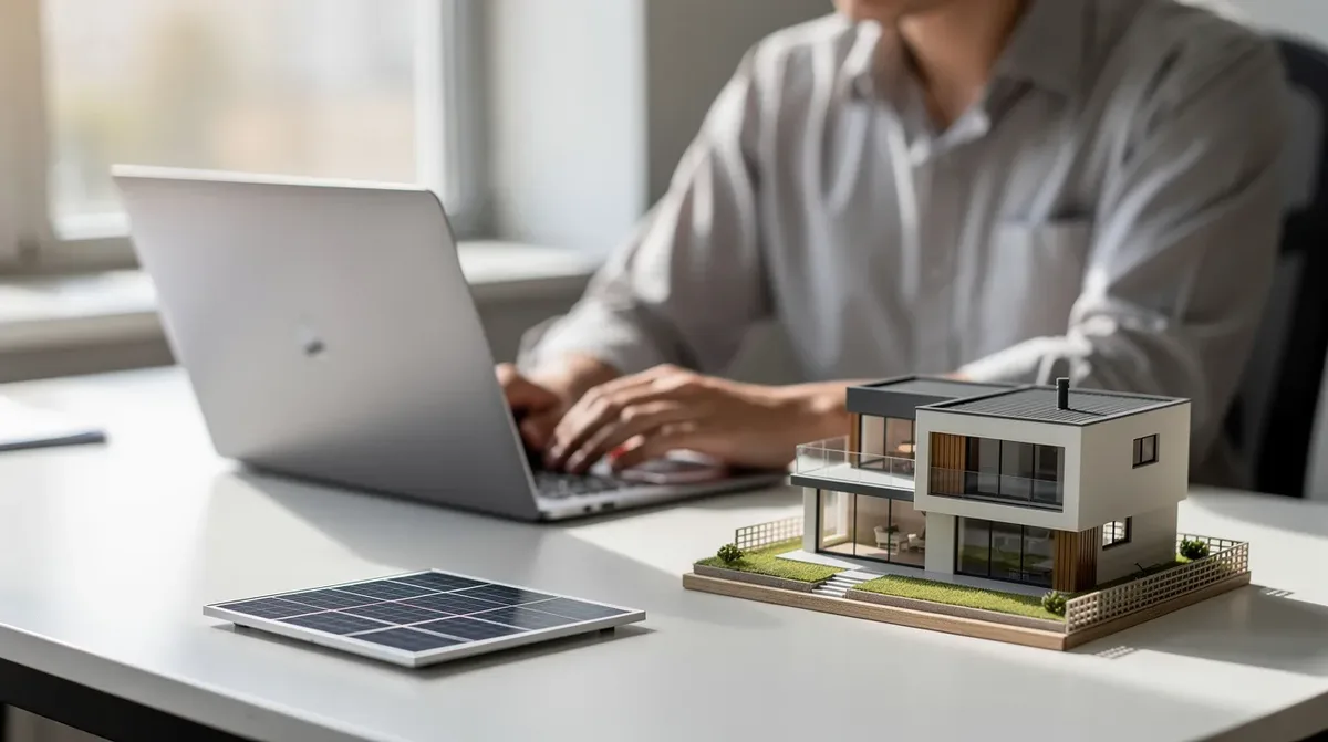 Une personne consulte un ordinateur portable sur une table, à côté d'une maquette de maison et d'un petit panneau solaire. Cette scène évoque le projet d'installation de panneaux solaires, soulignant l'importance des énergies renouvelables dans le canton de Vaud.