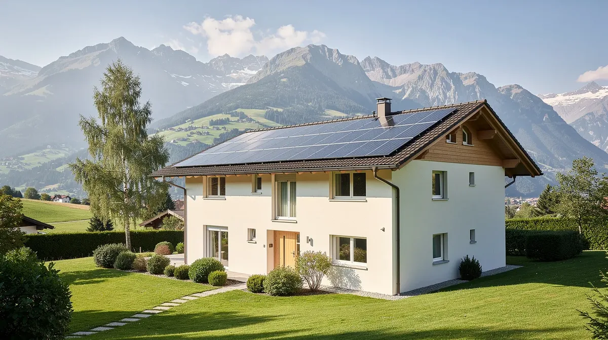 Une villa située en Suisse romande est visible, dotée de panneaux solaires sur son toit, entourée d'une verdure luxuriante et de majestueuses montagnes en arrière-plan. Cette installation solaire illustre l'engagement vers les énergies renouvelables et la production d'électricité durable.