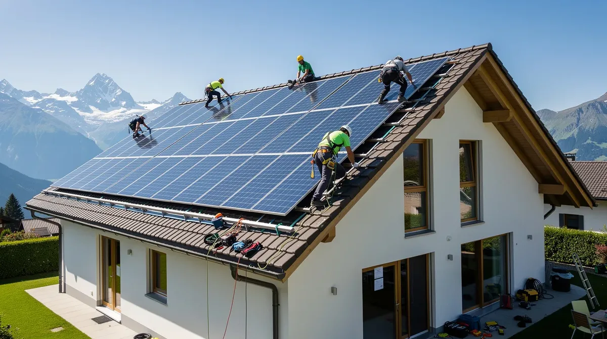 Des techniciens effectuent l'installation de panneaux solaires sur le toit incliné d'une villa en Suisse, contribuant ainsi à la production d'électricité à partir d'énergies renouvelables. Cette mise en service fait partie des efforts pour promouvoir l'utilisation des installations solaires et bénéficier des subventions disponibles.
