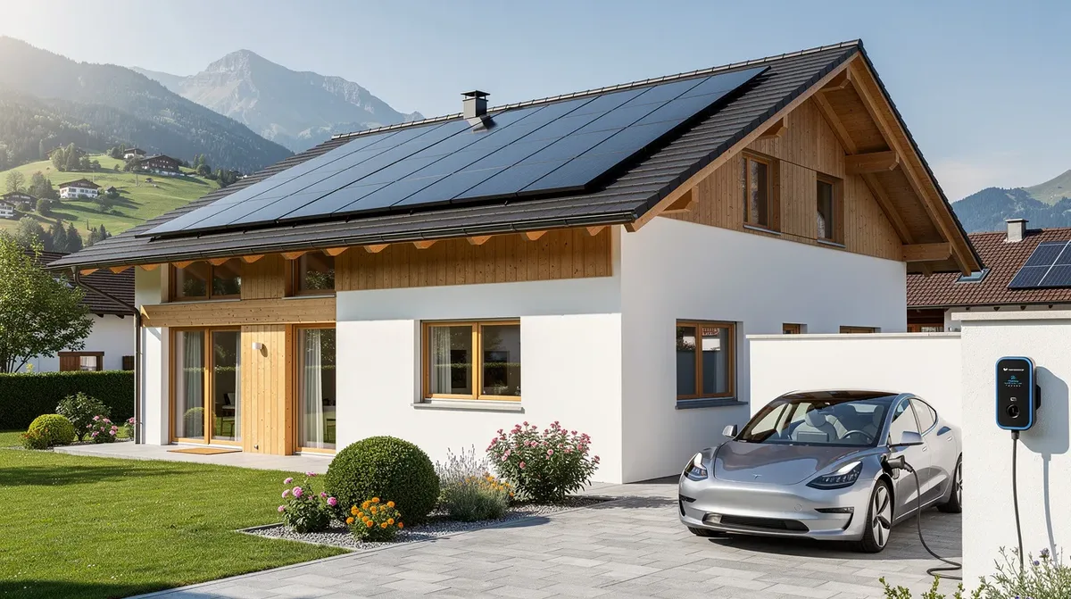 Une maison moderne en Suisse est dotée de panneaux solaires sur le toit, tandis qu'un véhicule électrique se recharge dans l'allée, illustrant l'engagement envers les énergies renouvelables et l'installation de panneaux solaires pour une production d'électricité durable.