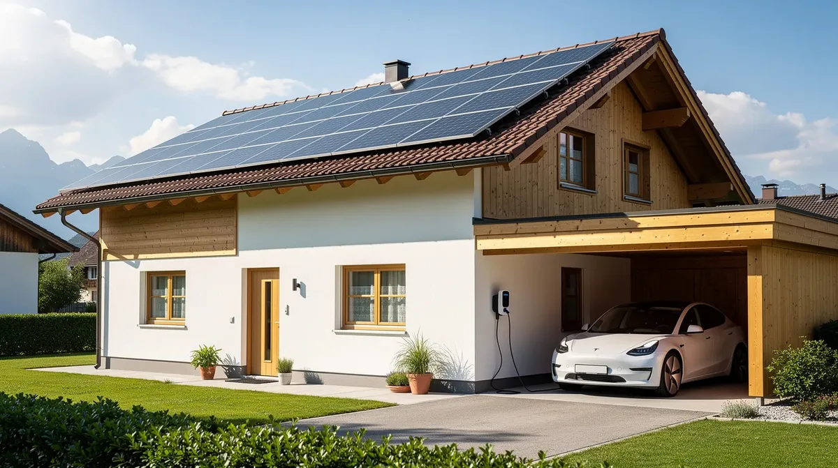 Une maison individuelle suisse est représentée avec des panneaux photovoltaïques sur le toit, symbolisant l'utilisation de l'énergie renouvelable. Dans le garage, une voiture électrique est branchée sur une borne de recharge, soulignant l'engagement vers une consommation d'électricité durable et respectueuse de l'environnement.