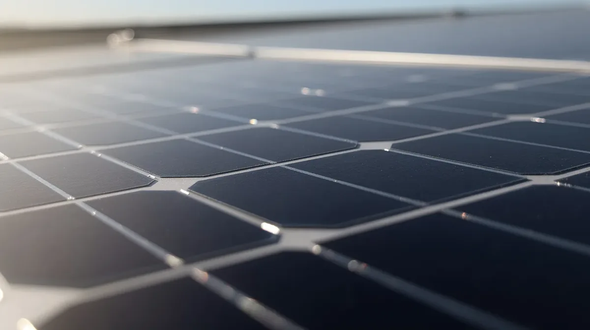 Gros plan sur la surface lisse et sombre d'un panneau solaire photovoltaïque monocristallin, mettant en avant les cellules photovoltaïques qui captent l'énergie solaire. Ce type de panneau est apprécié pour son efficacité et sa performance dans la production d'électricité.