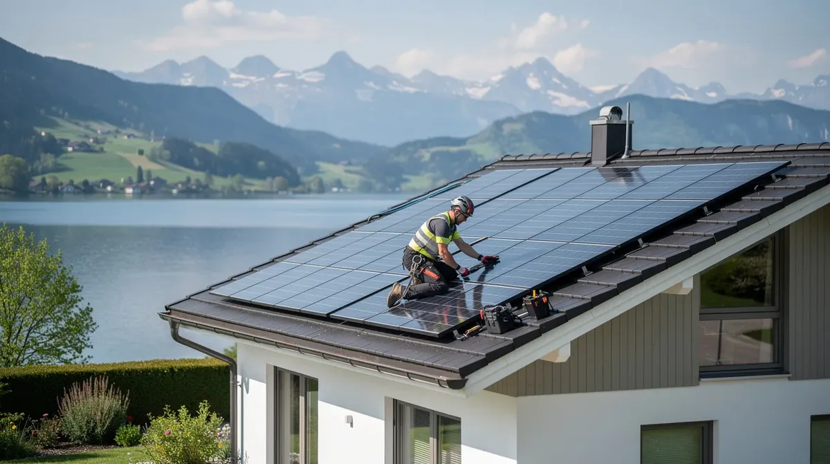 Un technicien installe des panneaux solaires photovoltaïques sur le toit d'une maison, offrant une vue panoramique sur un lac suisse. Ce projet d'énergie solaire met en avant l'utilisation de cellules photovoltaïques pour optimiser la production d'électricité.